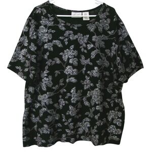 Kathie Lee Woman Black Floral Sparkle Short Sleeve Top Blouse 22/24W
